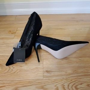New Zara Black Lace Court High Heels